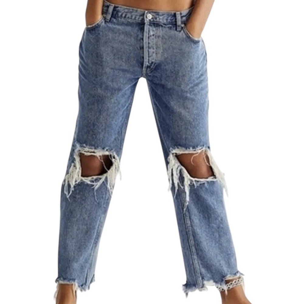 We The Free Jeans Womens Size 31 Blue Distressed Cut Off Denim Button Fly Boho